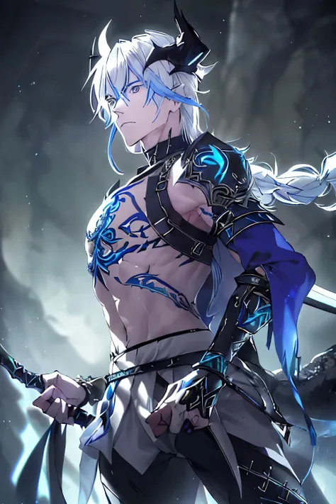 a 1.80 tall anime man (long silver hair) with (green eyes) with (an x-shaped scar on his forehead) and (several tattoos on his body with a blue color but the most striking is the one that resembles a dragon on his back) 

clothes (he wears a torn cloak and...