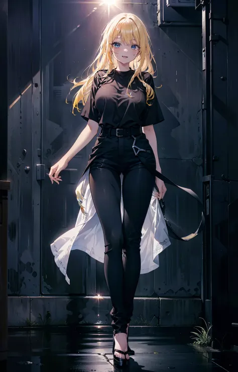 Eliase, catalyst, Yellow Hair, blue eyes,Long Hair,happy smile, smile, Open your mouth, Oversized black y-shirt,Big Breasts,black skinny pants,Stiletto heels,morning,morning陽,The sun is rising,walking,whole bodyがイラストに入るように,
break looking at viewer,whole bo...