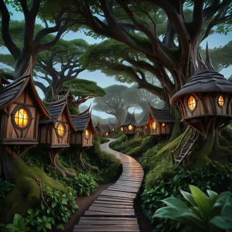 landscape photography of a path leading to an elven village,brown wooden tree houses, fantasy elven architecture, ethereal, mystical,night view , low angle,  dreamy