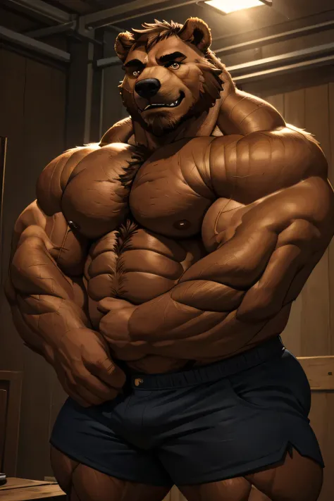 (best quality, 4k, highres, masterpiece:1.2), ultra-detailed, fury, furry art (realistic, photorealistic, photo-realistic:1.37), massive muscular, huge muscular, chubby Grizzly bear, standing and posing in photo studio, flexing pectoral muscle, black short...