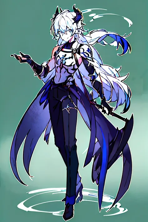 a 1.80 tall anime man (long silver hair) with (green eyes) with (an x-shaped scar on his forehead) and (several tattoos on his body with a blue color but the most striking is the one that resembles a dragon on his back) 

clothes (he wears a torn cloak and...