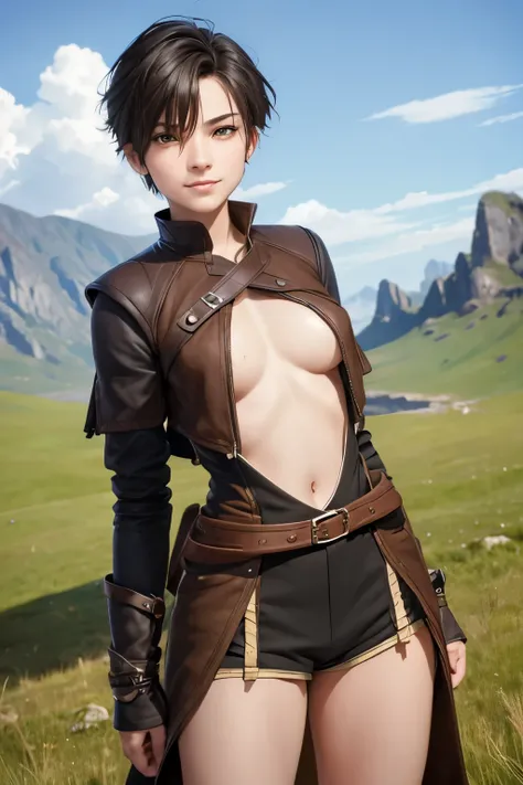 A happy young woman with an undercut in a fantasy setting. An adventurer and a ranger. Very androgynous looking. In a good mood. Sympathic. Tomboyish. Androgynous. Slim body. Very . Very small breasts. Wide hips. Thick legs. Face: Extremly pale skin with l...