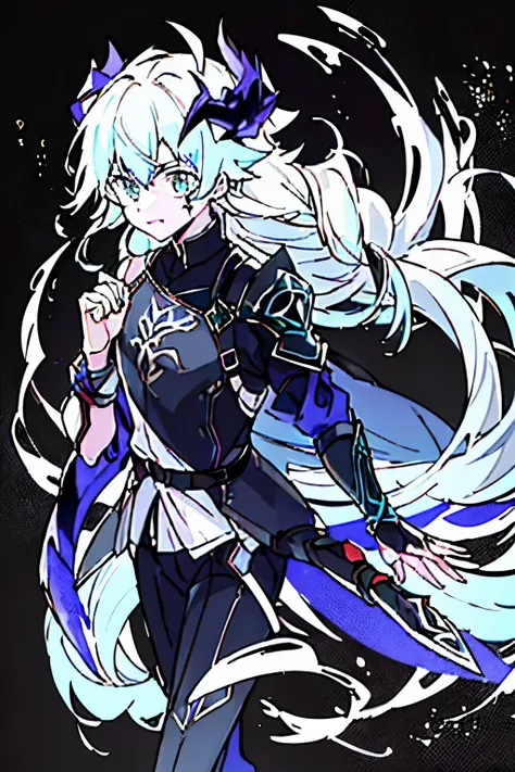 a 1.80 tall anime man (long silver hair) with (green eyes) with (an x-shaped scar on his forehead) and (several tattoos on his body with a blue color but the most striking is the one that resembles a dragon on his back) 

clothes (he wears a torn cloak and...