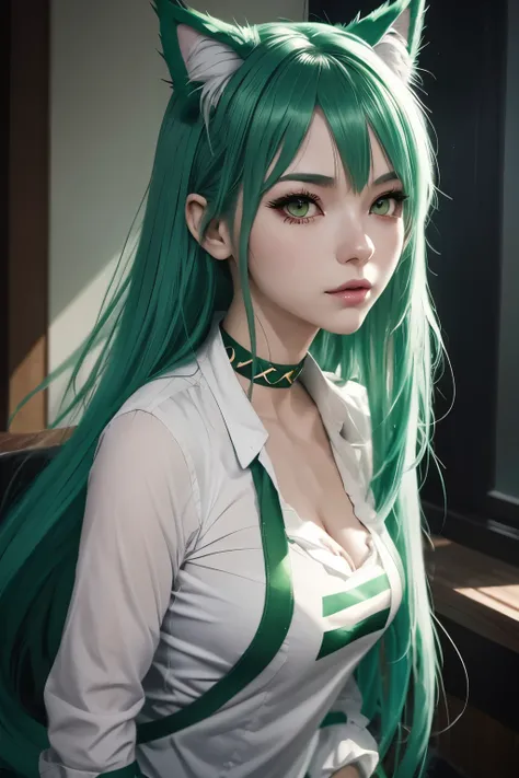 anime girl with green hair and cat ears posing for a picture, a character portrait inspired by rossdraws, Artstation contest winner, furry art, lois van baarle and rossdraws, commission for high res, oc commission, artgerm and lois van baarle, artgerm and ...