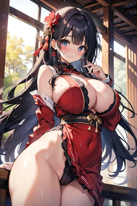 Erotic Anime Illustration、highest quality、smile、A voluptuous high school girl showing off her sexual appeal、A sense of guilt、Shrine festival、Chitanda El、Perfect proportions、Very large breasts、Showing off cleavage、Clear eyes、She spreads her legs and shows o...