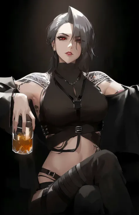 a woman with a black top and a black cape holding a glass of alcohol, female death holding a cocktail, with a drink, badass anime 8 k, female cyberpunk anime girl, artwork in the style of guweiz, oc commission, portrait of tifa lockhart, cyberpunk anime gi...