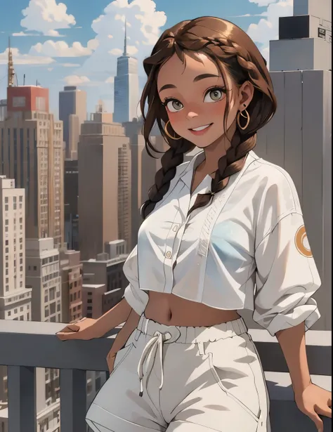 Girl with black skin, braided brown hair, Box braids, green eyes, smiling, white shorts, black bra, white blouse, big circle gold earrings, freckles, big lips, on a rooftop, nyc skyline in the background, blue skies big clouds