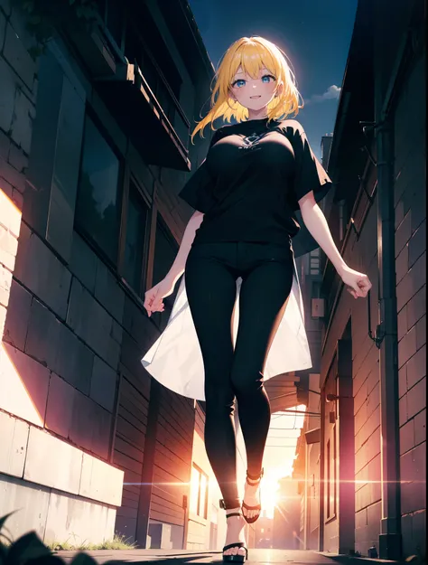 Eliase, catalyst, Yellow Hair, blue eyes,Long Hair,happy smile, smile, Open your mouth, Oversized black y-shirt,Big Breasts,black skinny pants,Stiletto heels,morning,morning陽,The sun is rising,walking,whole bodyがイラストに入るように,Looking up from below,
break look...