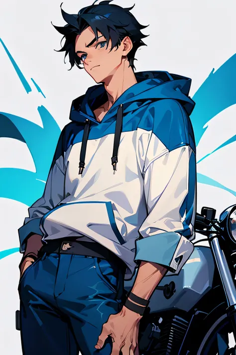 1boy, Short messy black hair, fair skin, blue eyes, cowboy shot, biker jacker over hoodie, blue pants, handsome, half Japanese half American