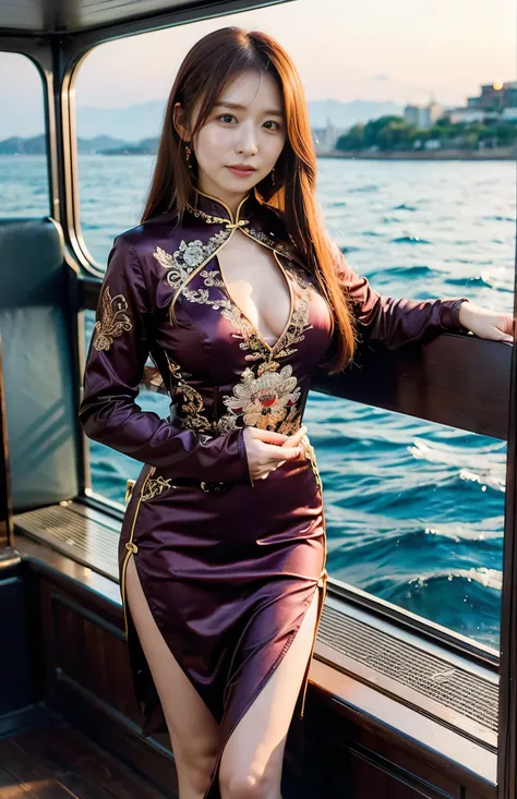 The sky turns red、((hair ornaments:1.5)).A gorgeous gold embroidered Chinese dress、hair ornaments、Tie your hair elegantly、Gorgeous silk cheongsam、((Standing on a boat and posing sexy、Luxurious and shiny wine red Chinese dress with embroidered long skirt:1....