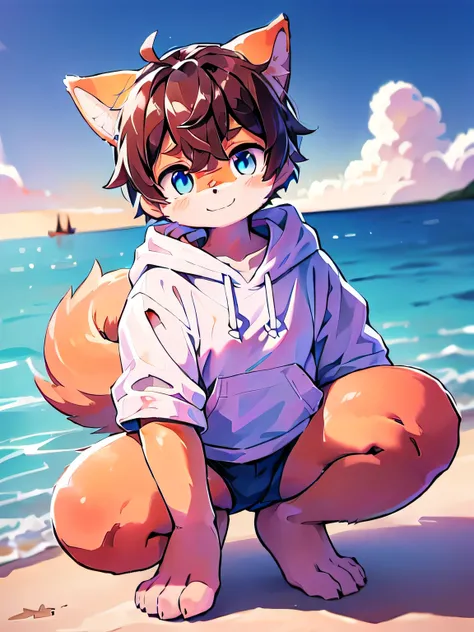 summer beach with visible legs, cumulonimbus clouds visible, daytime, crouching, (mischievous smile, orange fur, shiba inu beast...