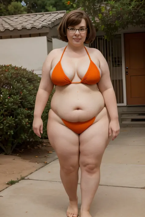 Velma Dinkley from Scooby Doo soft innocent looking fat face glasses red freckles. Short pageboy hairstyle. Extremely obese body and belly orange bikini full body shot. Legs and bare feet. Full body frame.