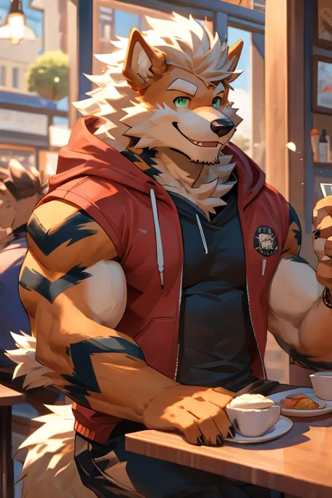 a hulking arcanine with green eyes is smiling and wagging his tail while wearing red shorts and a white sleeveless hoodie while ...