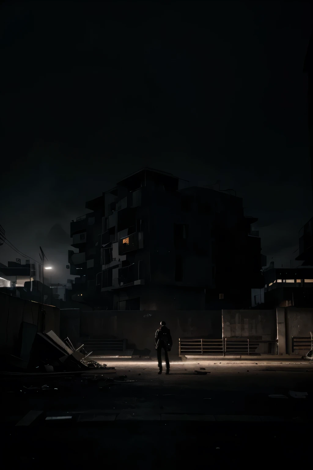 best quality,highres:1.2),dark,dystopian dramatic composition,intense atmosphere de un barrio y un hombre de espalda, con un traje elegante negro, que sea un arquitecto haunting colors,harsh lighting,dynamic angles