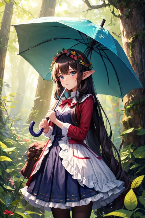 A girl with an umbrella and a fairy in the forest