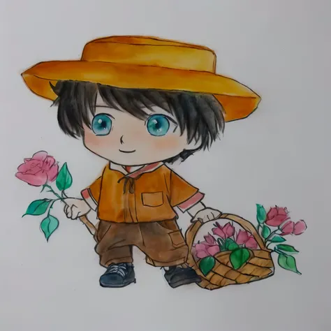 drawing of a boy with a hat and a basket of flowers, japanese farmer, character with hat marrom, desenho colorido, wearing a straw hat and overalls, aquarela e caneta, a colored pencil drawing, desenho colorido, desenho colorido, rich aquarium, arte tradic...