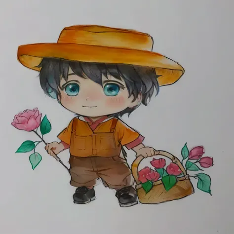 drawing of a boy with a hat and a basket of flowers, japanese farmer, character with hat marrom, desenho colorido, wearing a straw hat and overalls, aquarela e caneta, a colored pencil drawing, desenho colorido, desenho colorido, rich aquarium, arte tradic...