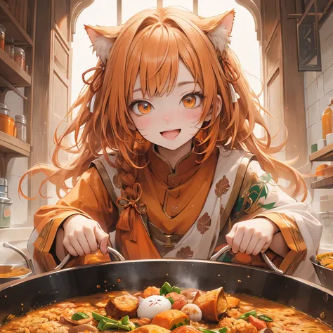 (masterpiece), highest quality, Ultra-high resolution,A cat wearing a pale orange ribbon、pale orange hair、light orange eyes、Pale orange clothing、(Curry Rice:1.3)、(India:1.3)、Asian、Happy expression