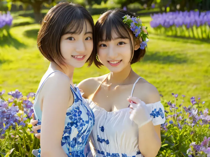 ((masterpiece)), 8k, highest quality, Identical twin sisters, With two people, Realistic, garden, photoRealistic, Very detailed, Detailed Background, (alone: 1.4), Wearing a simple dress, Happy expression, Slender body, Realistic and detailed half hair, In...