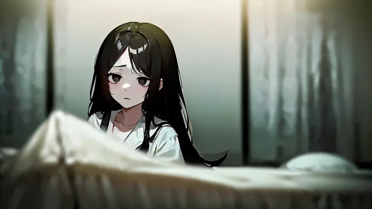 (((masterpiece,highest quality))),(((Anime girl with black eyes and long black hair wearing white hospital gown))),(((Fearful expression))),(((Scared in a bed in a psychiatric ward))),((A terrifyingly dark atmosphere)),(Mental disorders),