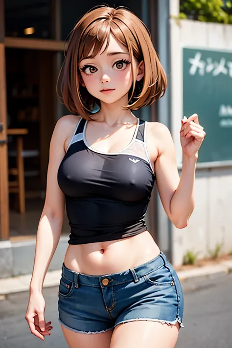 ochako dans my hero academia, (1fille),thick,cuisses larges,gros cul,Fitted colorful shorts,Debout à l&#39;envers, very big breasts, nombril visible.