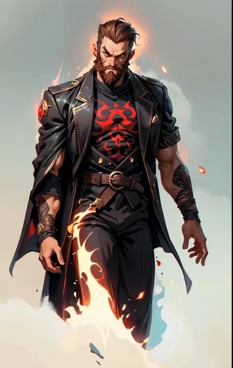 A 50-year-old man with slicked-back reddish-brown short hair, a large beard covering the lower half of his face, piercing eyes, handsome features, an open dark red fantasy martial arts-style robe coat, flowing short sleeves, a black and white undershirt, m...