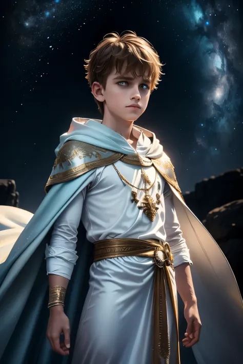 a boy in a starry night sky, wearing a long flowing white cloak, detailed face and expression, highly detailed, cinematic lighting, fantasy, dramatic, moody, deep colors, vibrant colors, intricate details, masterpiece, 8k, best quality