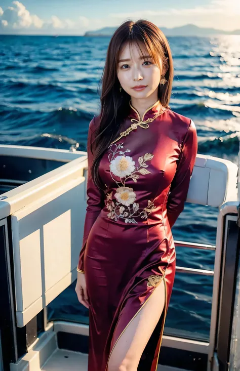 The sky turns red、((hair ornaments:1.5)).A gorgeous gold embroidered Chinese dress、hair ornaments、Tie your hair elegantly、Gorgeous silk cheongsam、((Standing on a boat and posing sexy、Luxurious and shiny wine red Chinese dress with embroidered long skirt:1....