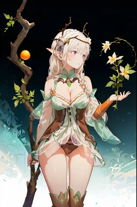 Emilia re:zero, purple eyes, Emilia, crown braid, x hair ornament, flower hair ornament, white hair, long hair, medium breasts, braided hair, hair over shoulder, twig crown with flowers, orange eyes, pointed ears, brown collar, bare shoulders, cleavage, gr...