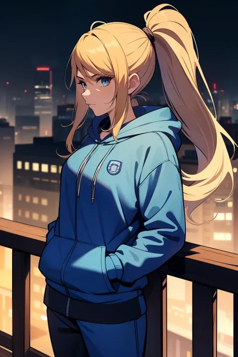 masterpiece, best quality, samus aran, ponytail, hair tie, blue hoodie, black sweatpants, looking at viewer, city background, cowboy shot