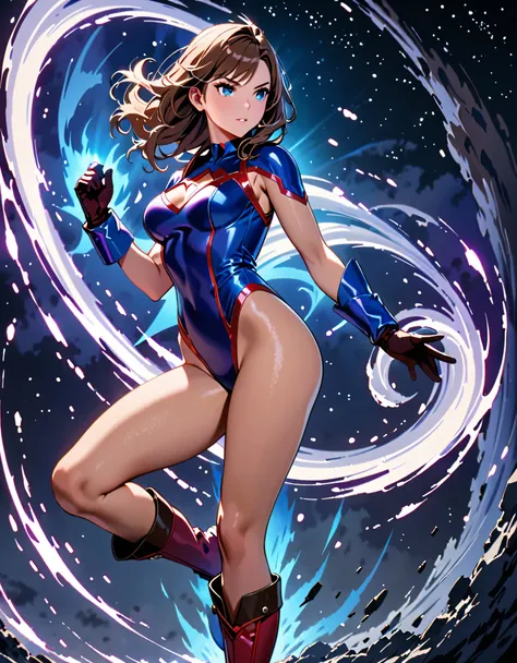 (masterpiece, best quality, high quality, highres:1.4), detailed, extremely detailed, ambient soft lighting, 4K, 1girl, 1girl, solo, solo focus, female superhero, medium breasts, leotard, red and blue leotard, bare legs, boots, matching boots, gloves, matc...