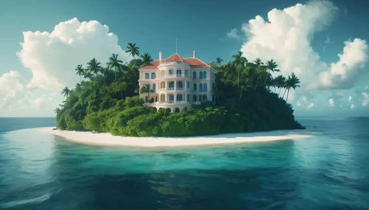 Create an image of a multi-story beautiful ornate luxury modern mansion perched precariously at the end of a tiny tropical island in the middle of the vast ocean. The island is lush with tropical vegetation. The scene should be cinematic, resembling a film...