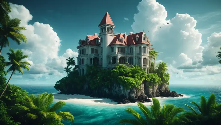 Create an image of a multi-story beautiful ornate luxury modern mansion perched precariously at the end of a tiny tropical island in the middle of the vast ocean. The island is lush with tropical vegetation. The scene should be cinematic, resembling a film...