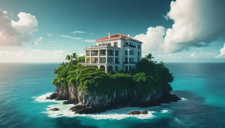 Create an image of a multi-story beautiful ornate luxury modern mansion perched precariously at the end of a tiny tropical island in the middle of the vast ocean. The island is lush with tropical vegetation. The scene should be cinematic, resembling a film...