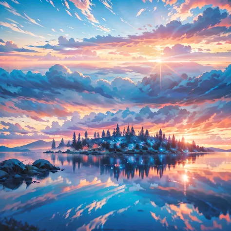 , blue view, bigsky、sea、aerial、
there is a beautiful sunset with a lake and trees in the background, colorful skies, surreal col...