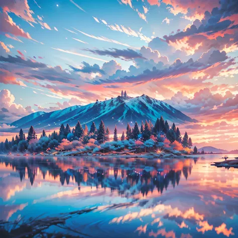 , Blue view, bigsky、sea、Aerial、
there is a beautiful sunset with a lake and trees in the background, colorful skies, surreal colors, colorful sunset, colorful sky, marvellous reflection of the sky, stunning sky, dream like atmosphere 8k, colorful clouds, c...