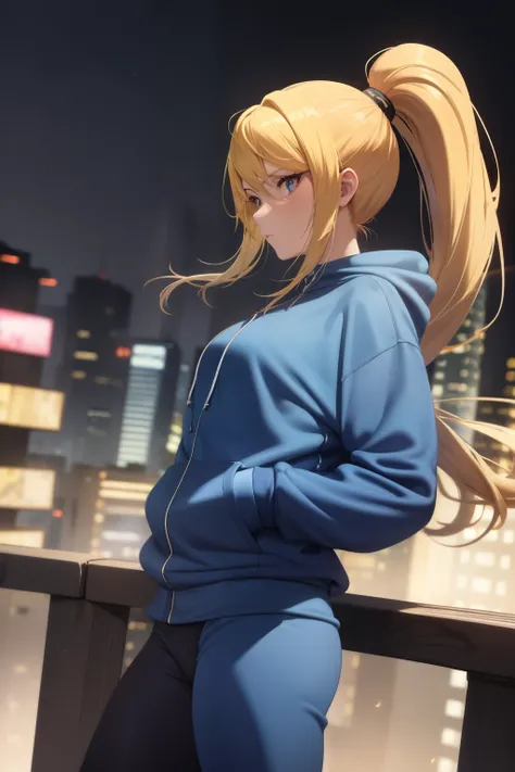 masterpiece, best quality, samus aran, ponytail, hair tie, blue hoodie, black sweatpants, looking at viewer, city background, cowboy shot