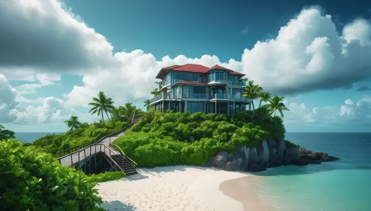 Create an image of a multi-story beautiful ornate luxury modern mansion perched precariously at the end of a tiny tropical island in the middle of the vast ocean. The island is lush with tropical vegetation. The scene should be cinematic, resembling a film...