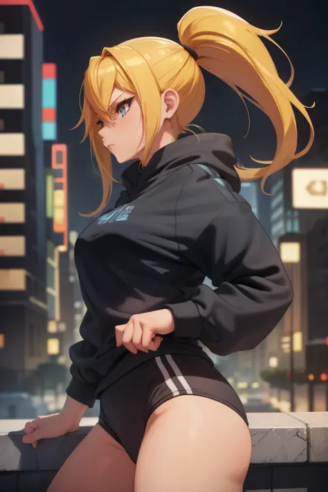 masterpiece, best quality, samus aran, ponytail, hair tie, blue hoodie, black sweatpants, looking at viewer, city background, cowboy shot