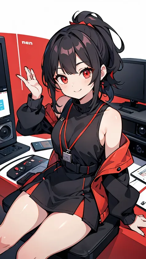 Girl1,triangle face,red eyes,black hair,braided ponytail hairstyle,Black Mini Dress With One Shoulder,Record inside the radio room,sitting,Microphone, Earphone, smile,retina,masterpiece,ccurate,anatomical correct, textured skin,super detail,high quality,hi...