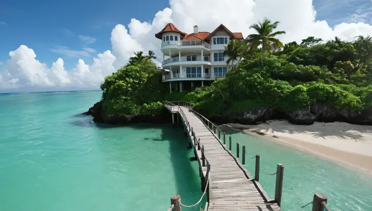 Create an image of a multi-story beautiful ornate luxury modern mansion perched precariously at the end of a tiny tropical island in the middle of the vast ocean. The island is lush with tropical vegetation. The scene should be cinematic, resembling a film...