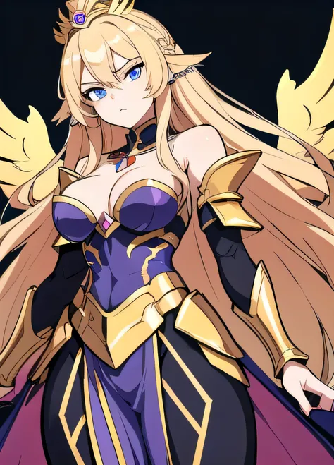 Create an anime-style image of a majestic and powerful female figure. She has long blonde hair and wears a golden crown adorned with jewels. Her expression is serious and determined, with piercing blue eyes. The figure is dressed in shiny and detailed armo...