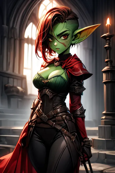 garota guerreira sexy goblin, short-haired armor and bloodthirsty, segurando um machado, capa vermelha, orelhas pontudas