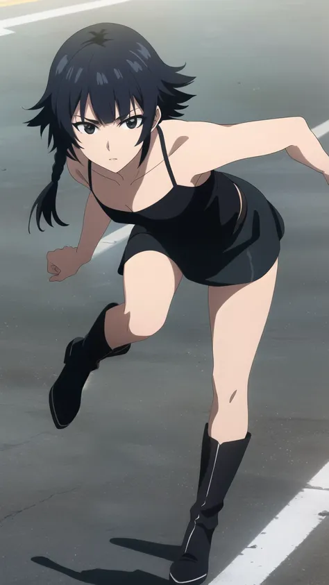 soifon, soifon, short hair, bangs, black hair, short hair with long locks, (black eyes:1.2), small breasts,(slender:1.2),Glare, (Black leather camisole, leather mini skirt, black boots, beautiful shoes:1.2), 
dynamic pose, dynamic angles, looking at viewer...