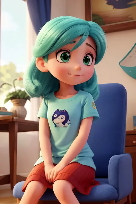 Luna is a 14 year old girl, ela tem cabelos loiros e cacheados. olhos verdes. usa um vestido vermelho e uma blusa de manga comprida azul claro. She is sitting on the sofa talking on a red landline. the atmosphere is very familiar and cozy. 