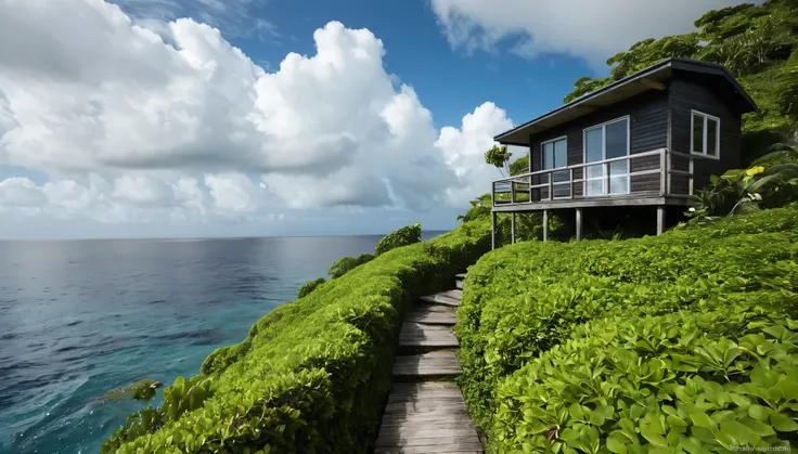 Create an image of a simple romantic cabin perched precariously at the end of a tiny tropical island in the middle of the vast ocean. The island is lush with tropical vegetation. The scene should be cinematic, resembling a film still shot on a V-Raptor XL,...