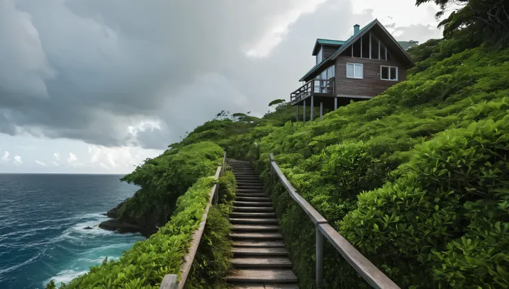 Create an image of a simple romantic cabin perched precariously at the end of a tiny tropical island in the middle of the vast ocean. The island is lush with tropical vegetation. The scene should be cinematic, resembling a film still shot on a V-Raptor XL,...