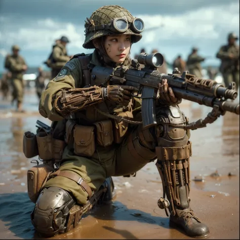 8k,Realistic Photo, Realistic Skin Texture, Superrealism, (WWⅡ-like mechanical suit:1.2), Beach of the Normandy Landing Operation、heavy weapons,vivid textures,animal legs,  japanese female soldier,(ultra beautiful face),((super realistic all textures)), ((...