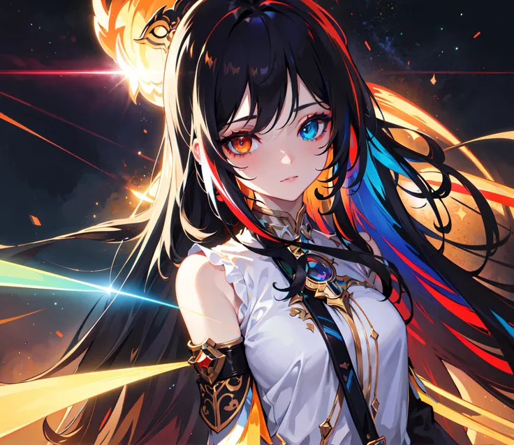 {{masterpiece}}, best quality, extremely detailed CG unity 8k wallpaper, cinematic lighting, lens flare, beautiful detail eyes, black,  side glance,  multicolor hair, colorful light, particles, heterochromia, (colorful:1.5), (colorful hair:1.5), 