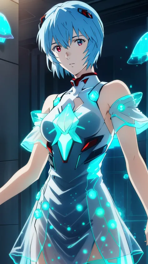 reiayanami, rei ayanami, (ayanami rei:1.2), blue hair, short hair, (red eyes:1.2),
BREAK (bioluminescent dress: 1.5), 
BREAK (masterpiece:1.2), best quality, high resolution, unity 8k wallpaper, (illustration:0.8), (beautiful detailed eyes:1.6), extremely ...